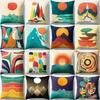 Pillowcase with Abstract Geometric Mountain Pattern, Rainbow, Sunrise Landscape, Cushion Cover, D