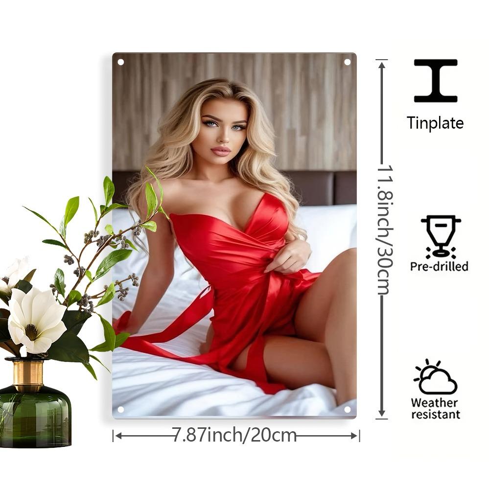 Vintage Metal Wall Art Retro Blonde Lady In Red Dress Thick Iron Plate Pre-Drilled Home Office Bar Decor 7.87x11.8in Gift