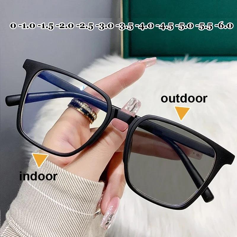 Finished Ladies Square Photochromic Myopia Glasses Luxury Women Men's Short Sight Eyeglasses Optical Prescription Minus Eyewear