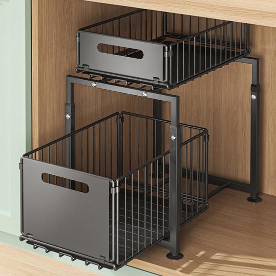 Kitchen Storage Rack Strong Load-bearing Large Capacity Adjustable Height 2-Tier Under-Sink Organizer with Pull-Out Drawers