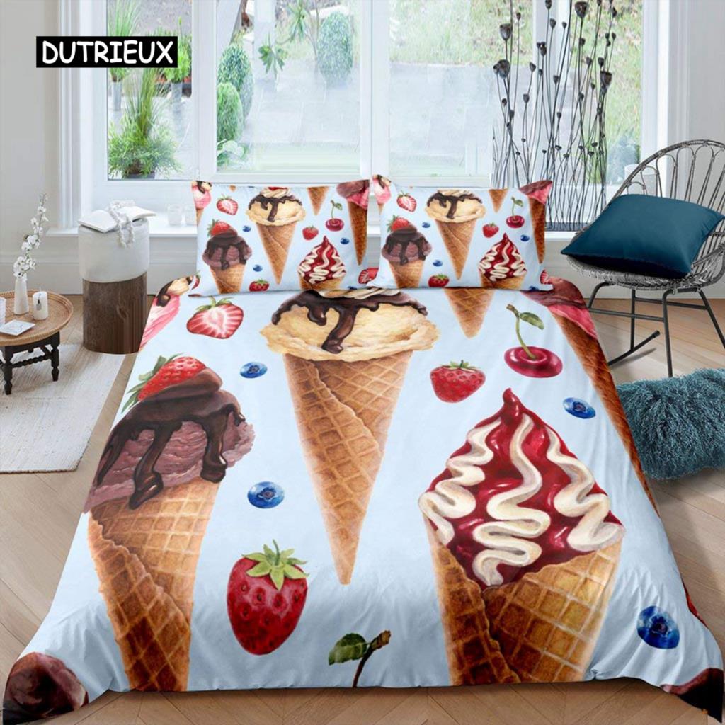 Set Copripiumino Gelato Colorato Cartone Animato Cupcake Ciliegia Limone Frutta Set Biancheria da Letto Stile Vacanza Estiva Morbido Copripiumino