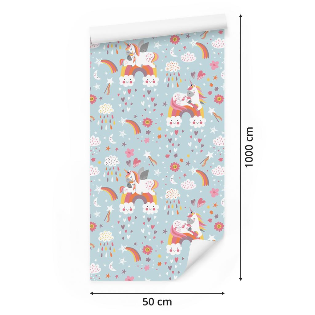Unicorns Clouds and Hearts Wallpaper for Living Room and Bedroom 50x1000
