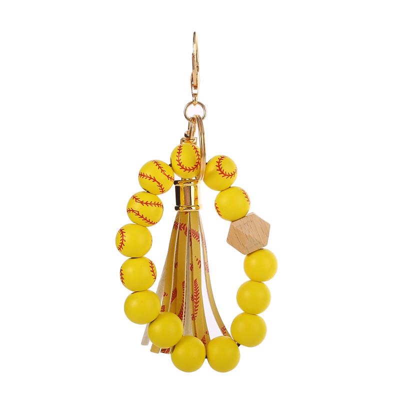 Round Wooden Beads Bracelet Wrist Strap Trendy Sports Style Tassel Keychain Key Rings DIY Wristband For Couples