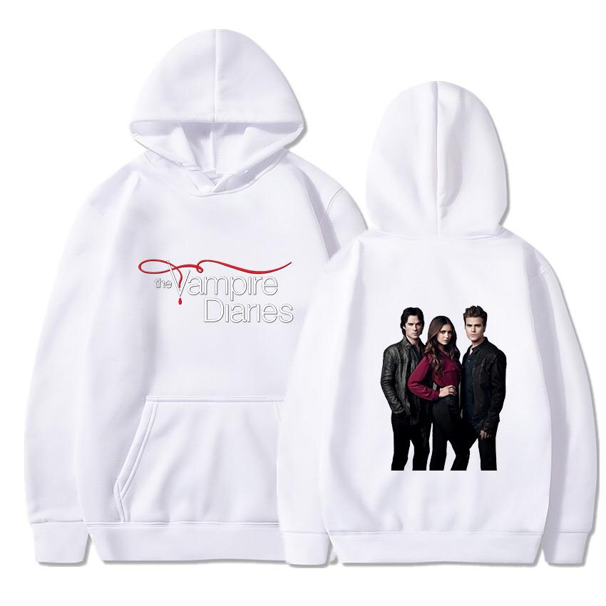The Vampire Diaries Print Hoodie Unisex Pullover TV Show TVD Damon Stefan Elena Character Graphic Hooded Sweatshirt Casual Long Sleeve Streetwear