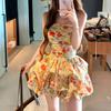 French Beautiful Floral Princess Tube Top Suspender Short Skirt Summer New Beautiful Waist Pinch Bud Skirt Exquisite Dress