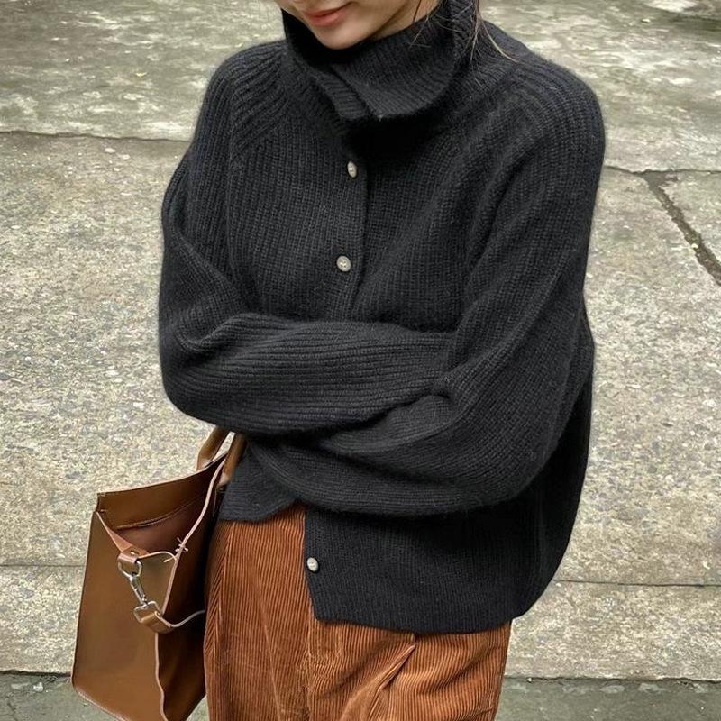 High Neck Cardigan Women Sweater Autumn Winter Loose Chunky Thick Knit Base Layer Coat Top