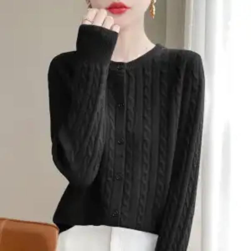 Wool Sweater Twist Knitted Cardigan Autumn Winter New Round Neck Solid Coat Top