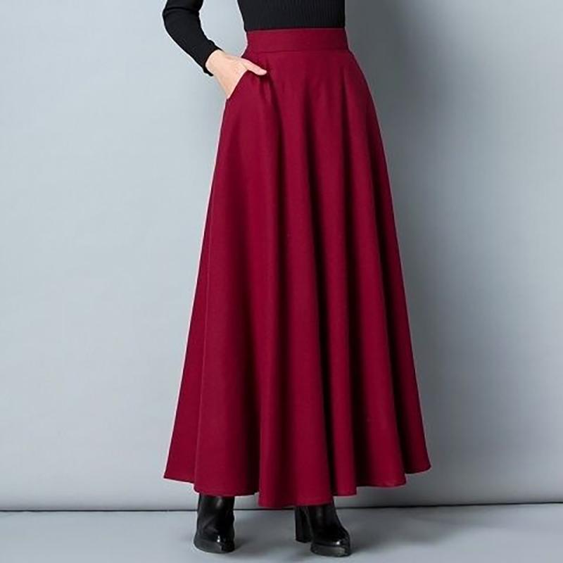 Women's Long Woolen Skirt Elegant High Waist Wool A Line Skirts Casual Warm Pocket Maxi Skirts