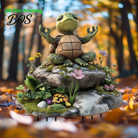 Small Garden Scene Accessory Yoga Turtle Stake, 2D Flat Acrylic Sitting Zen Decoration, Sit Buddhist Ornament In Meditation Yard Art Stake for Planter