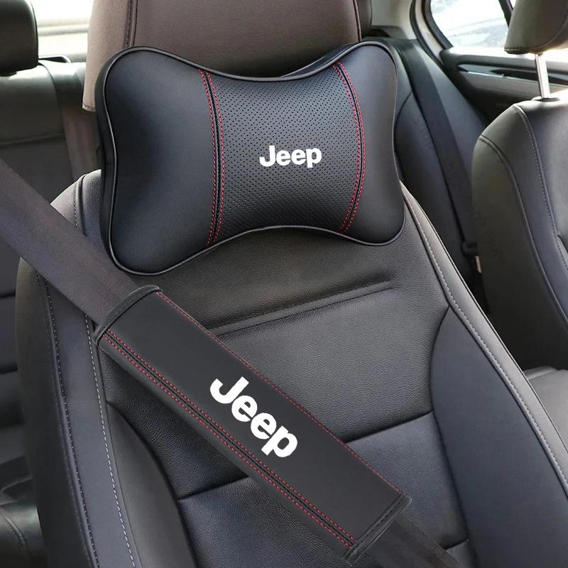 Leder Auto Kopfstütze Nackenkissen Sicherheitsgurt Schulterpolster Zubehör Für Jeep Renegade Wrangler Gladiator Grand Cherokee Compass
