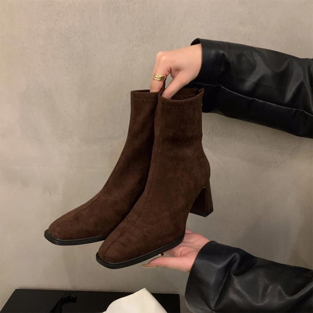 Vintage Women Ankle Boots 2026 Fashion Square Toe Thick High Shoes Autumn Winter New Ladies Elegant Stretch Slim Short Booties