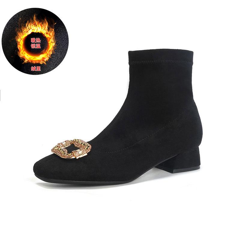 Bottes élastiques à talons hauts et boucle carrée en strass suédé Version coréenne bottes fines talon épais bout carré bottines automne et hiver sing
