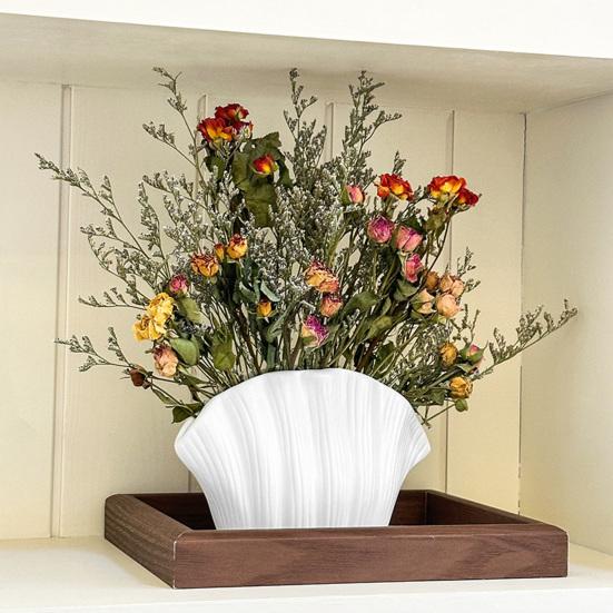 White Vinyl Shell Flower Vase Modern Pleated Flower Holder Container Home Office Table Centerpiece Decorative Floral Plants Vase
