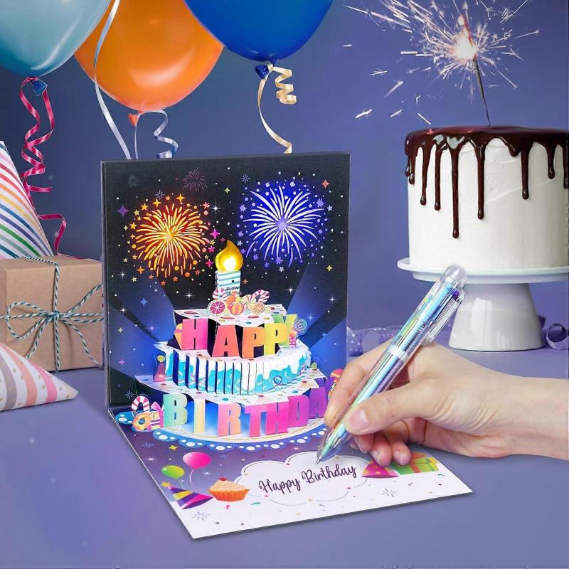 Geburtstagskarten Feuerwerk Pop-Up Kuchen Aufblasbar Licht und Musik Alles Gute zum Geburtstag Karte Geschenke für Frauen Männer Mama Kinder