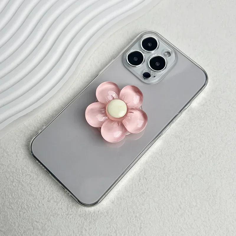Transparenter Harz Bonbonfarbener Blumen Handyhalter Faltbarer Desktop-Ständer Niedlicher Floraler Einziehbarer Griff für Mobile Geräte 1 Stück