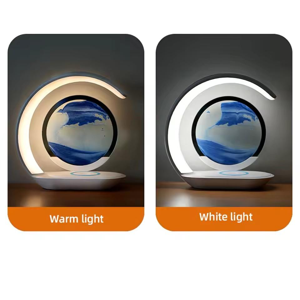Table Lamp USB Wireless Charging Desk Lamp 3D Hourglass Ornaments Sand Painting Night Light for Office Room Decoration
