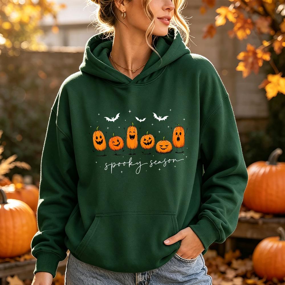 Spooky Season Cute Pumpkin Jack O Lantern Print Hoodie Women Halloween Fall Autumn Funny Graphic Long Sleeve Pullover Top