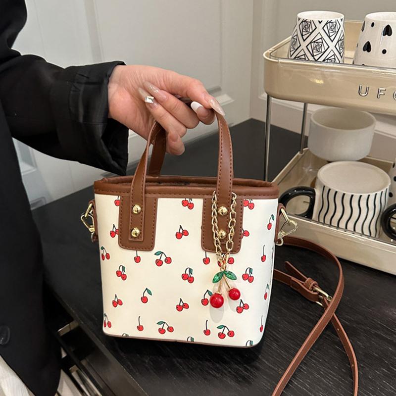 Women Shoulder Cherry Pu Bag Large Capacity Trendy Commuting Bag With Cherry Pendant Stylish Crossbody Bag Aesthetic Handbag