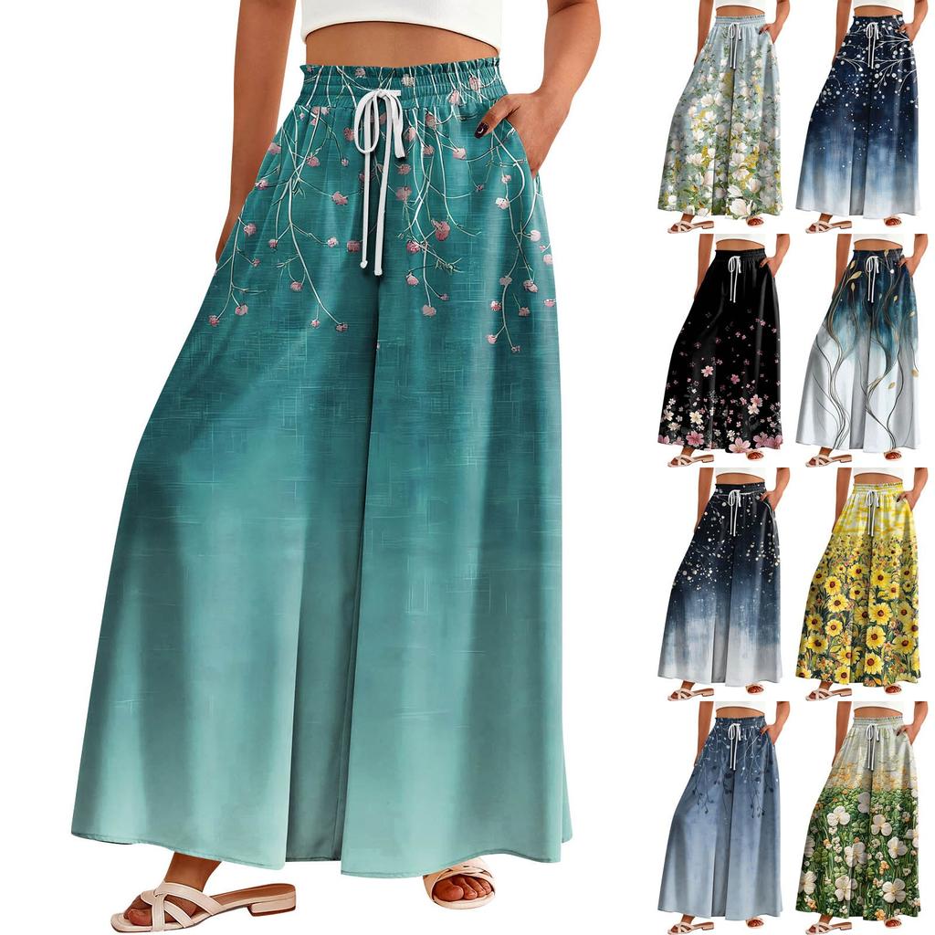 Dames Hoge Taille Wijde Pijpen Broek Casual Flowy Palazzo Broek Bloemenprint Broek Met Zak