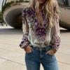 Women Shirt Oversize V-Neck Long Sleeve Casual Spring Autumn Shirt 3D Flower Printed Pattern Relaxed Fit Shirt Daily Wear