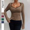 Ladies Spring Autumn Long Sleeve U Collar Solid Color Pit Slim Fit Pullover T Shirt Top