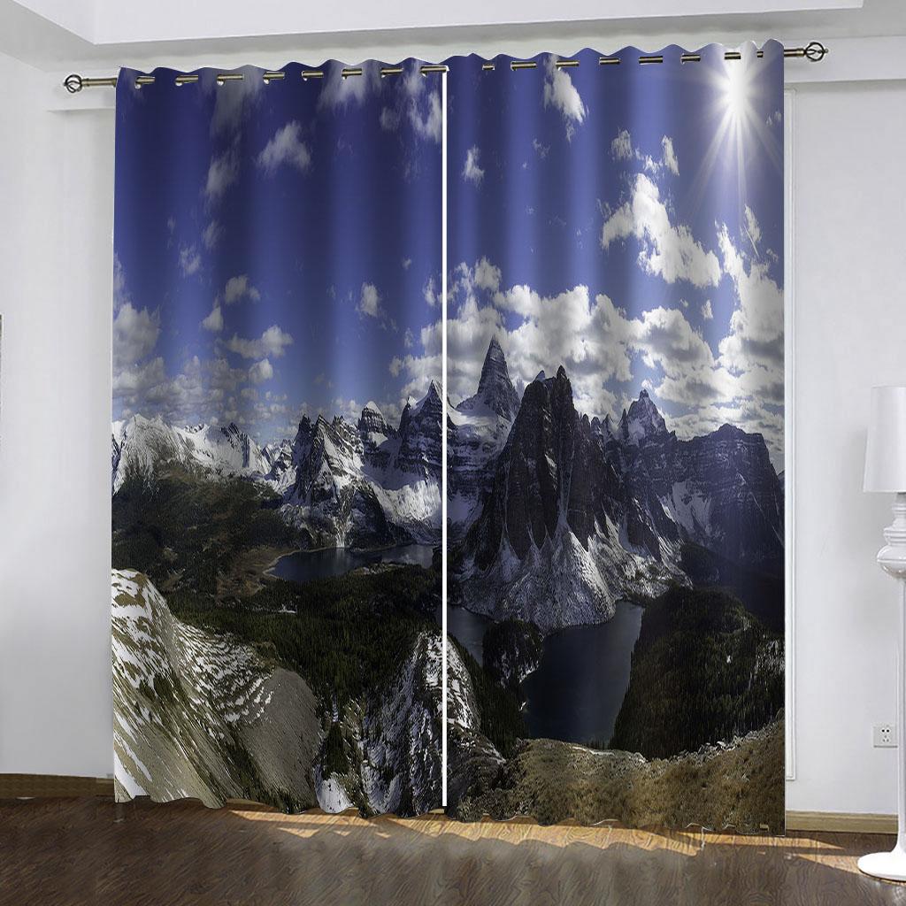 Rideaux 3D Paysage de Lac et Montagne enneigée Traitement Ski 2 Panneaux Chambre Salon Cuisine Balcon Décoration de Fenêtre Rideaux