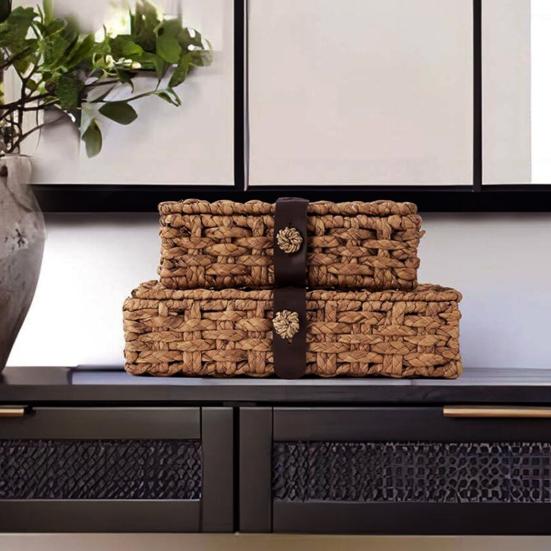 Storage Box Handwoven Wicker Basket with Leather Strap Closure Storage Organizer for Coffee Table Bookshelf