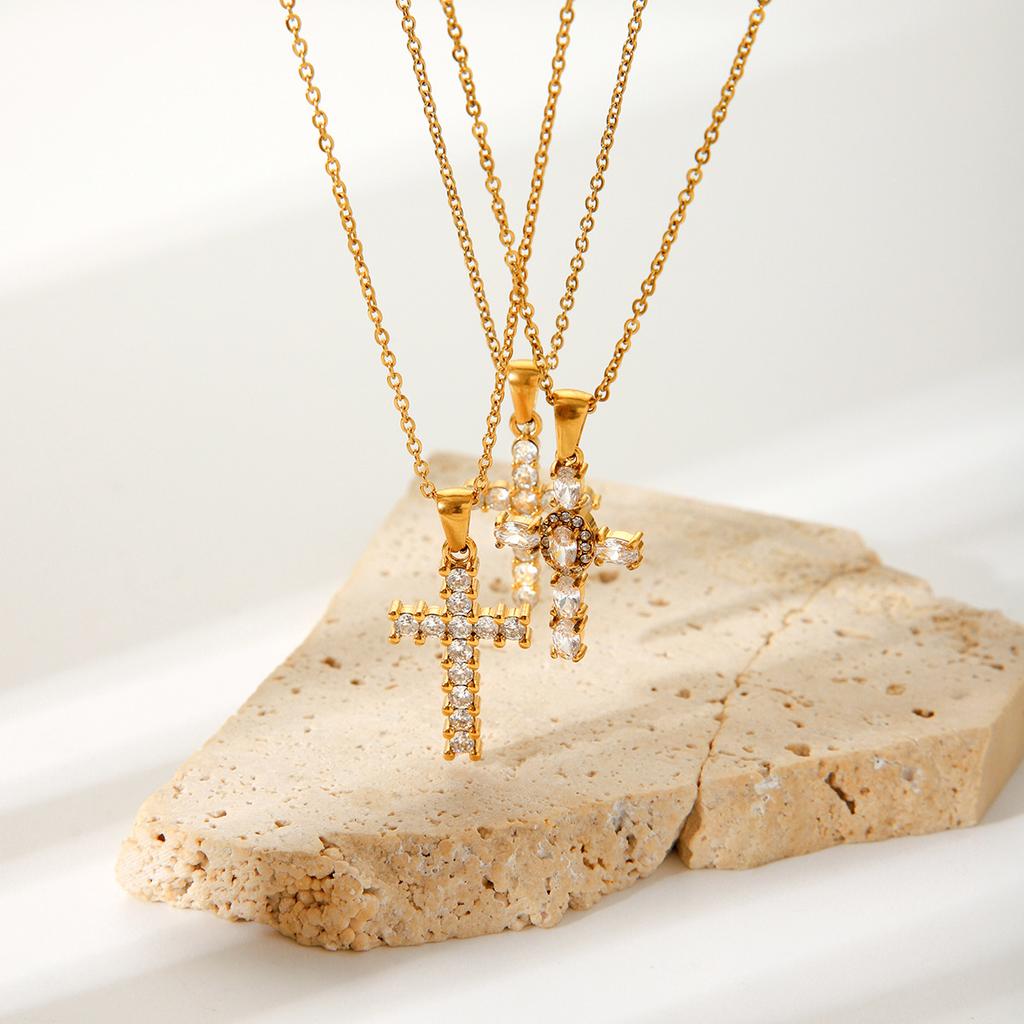 Zirconia Embellished Titanium Steel Cross Pendant Necklace Minimalist Light Luxury Jewelry for Women