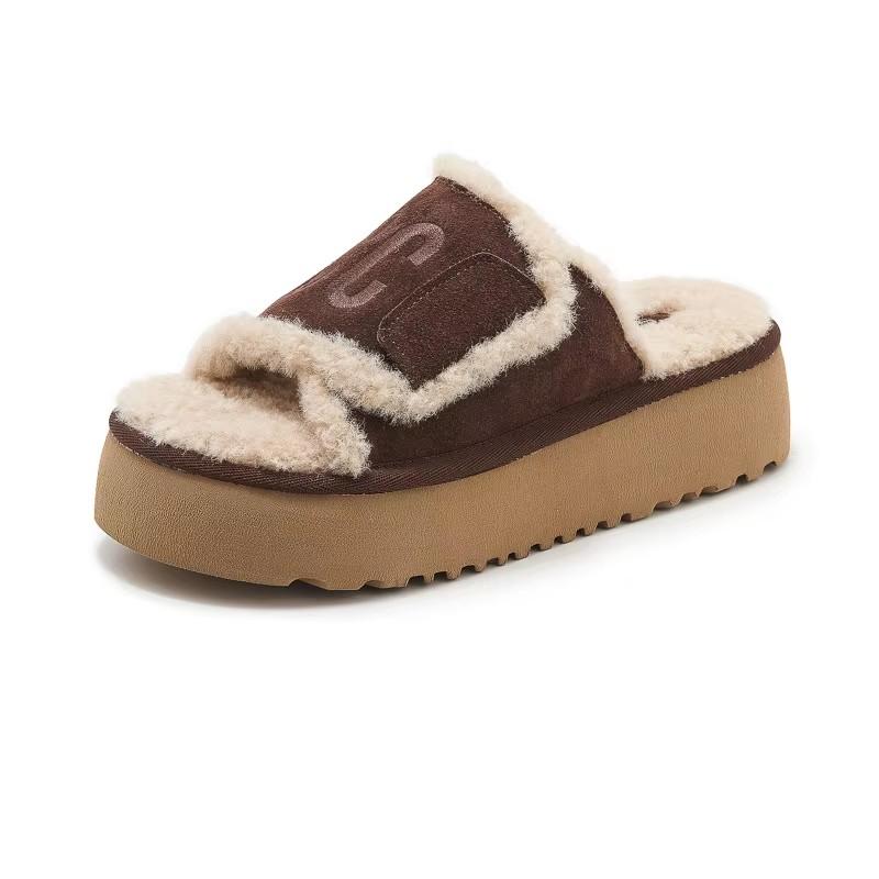 Woman Solid Color Faux Wool Thick Heel Flat Shoes Lady Winter Indoor Open Toe Slippers 2024 Autumn Round Head Flatform Slippers