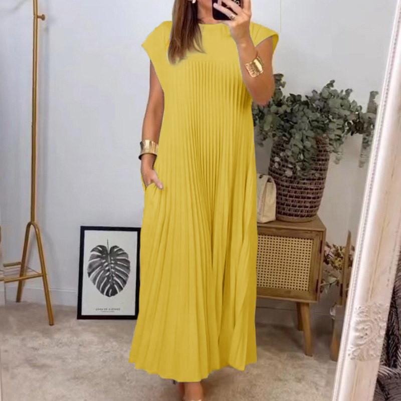 Elegant Summer Dress For Women With High Waist Pockets In Polyester Fabric For Office Wear