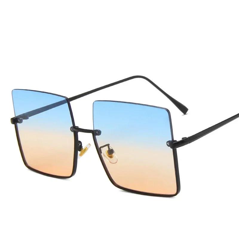 Fashion Oversized Square Sunglasses Women Retro Big Frame Sun Glasses Female Metal Semi Rimless Designer