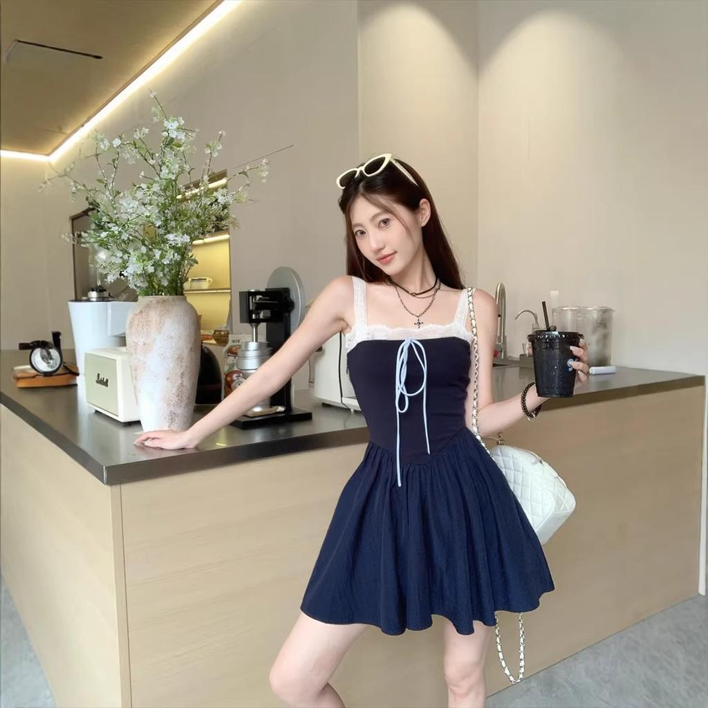 Navy Blue Chic Showing Figure Pendulum Suspender Dress New High-end Dress Women's Summer