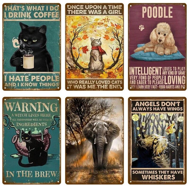 Retro Black Cat Metal Sign Poster Funny Cat Tin Sign Animal Vintage Plaque Home Decor Wall Art Pet Shop Garden Dog Bar Plaque