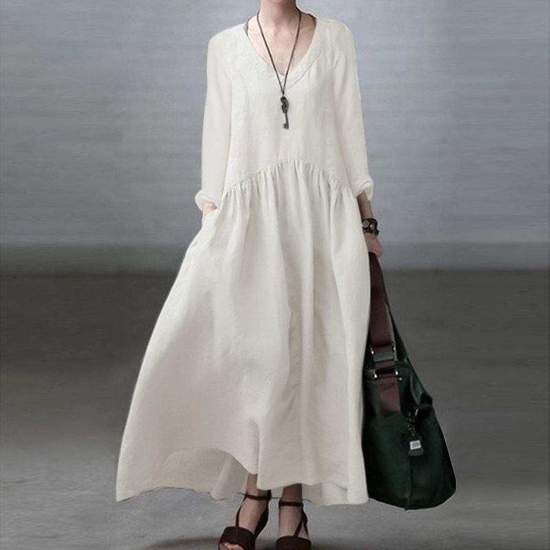 Women's Fashion Spring Autumn Solid Color Print Long Sleeve V-Neck High Waist Casual Dresses