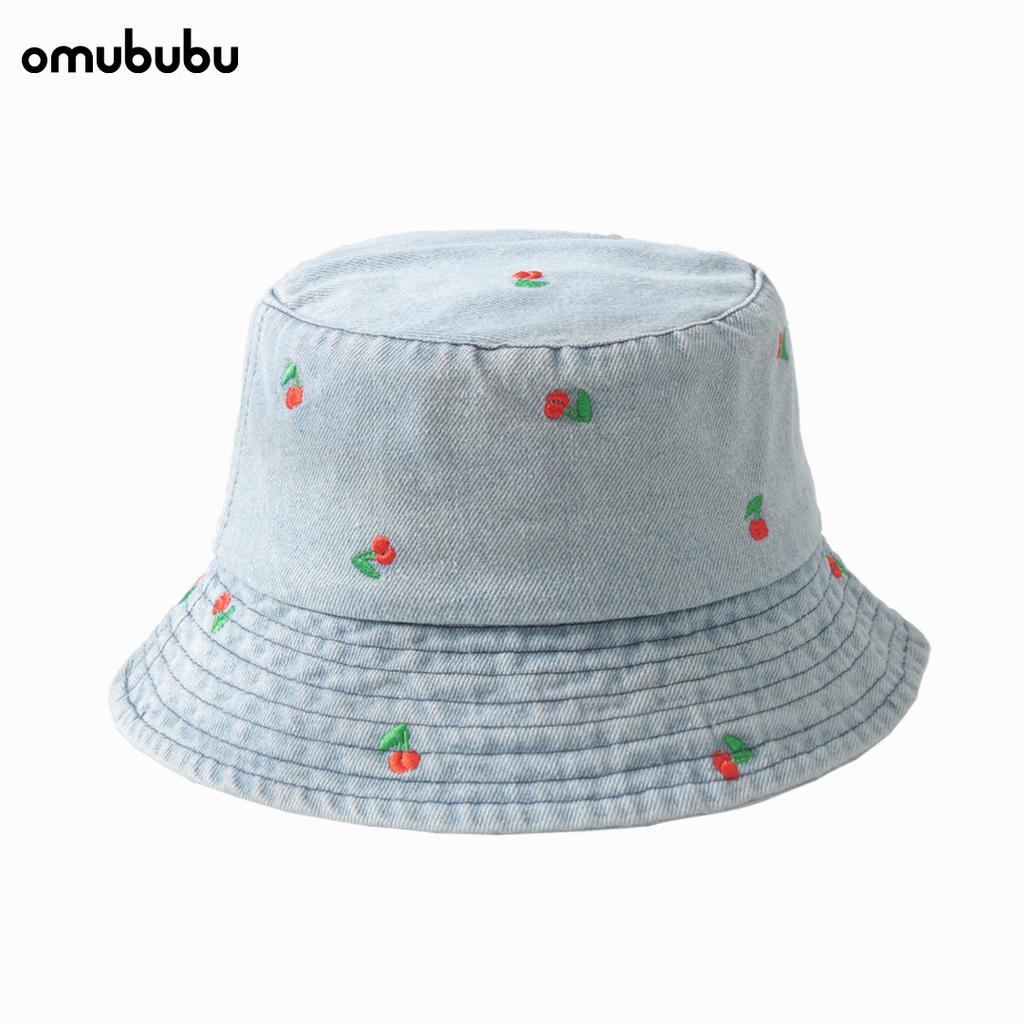 Watermelon Embroidered Denim Bucket Hat Men's Wide Eaves Sunshade Fashionable Versatile Face Small Bucket Hat Girls Sunscreen Hat
