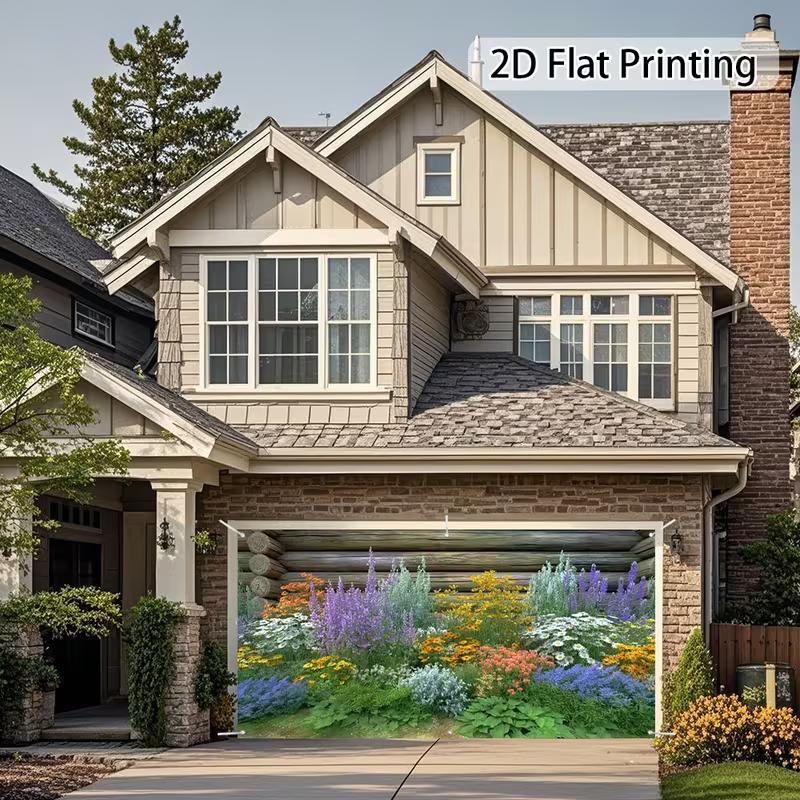 2D Colorful Wildflower Garden Garage Door Mural Summer Decor Background
