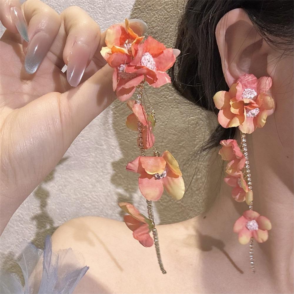 Exaggerated Flower Dangle Earrings Glass Crystal Women's Jewelry Cute Petals Tassel Earring Gift
