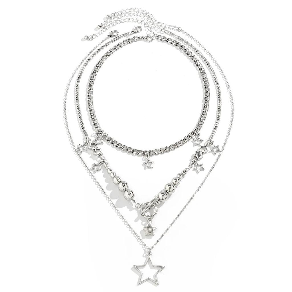 Vintage Silver Color Star OT Buckle Pendant Choker Necklace for Women Goth CCB Beads Chain Aesthetic Jewelry Gift New