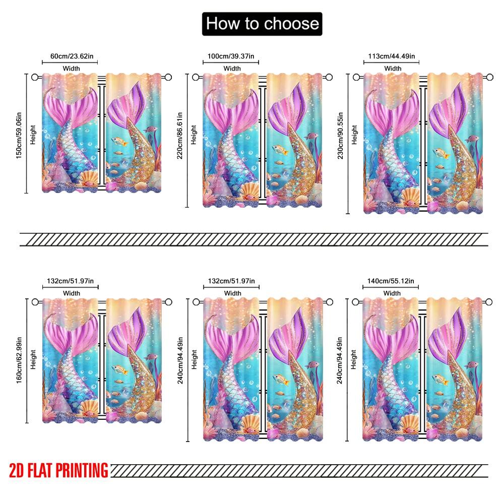 2pcs,2D Plane Printing Curtains Digital Printed Mermaid Splendor Versatile Polyester (without Rod) Decorations For Home Ldeal