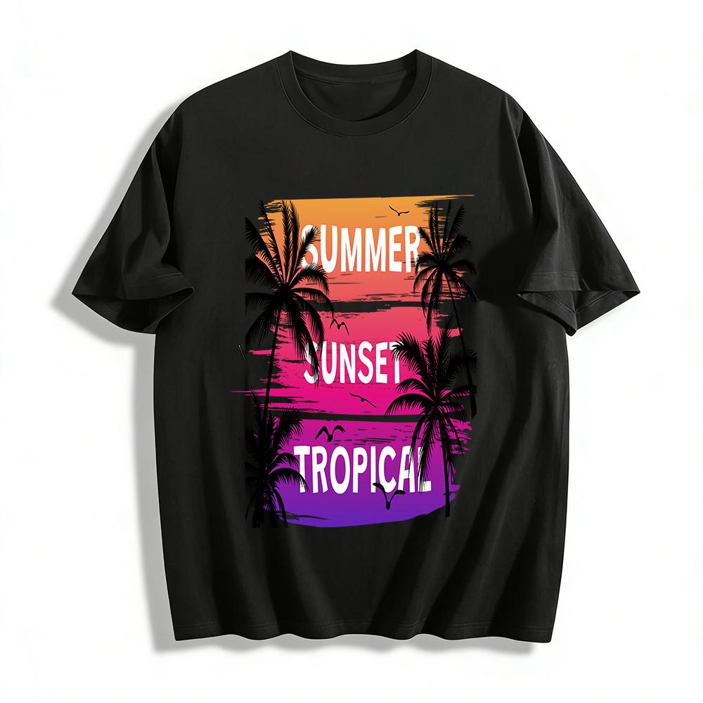 Summer Sunset Tropical Coconut Tree Print Casual T-Shirt Pure Cotton T-shirt