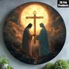 Christliches Kreuz Jesus Christus Metallschild Rundes Blechkunst Religiöse Wanddekoration Haus Kirche Bar Café Man Cave Innen Außen