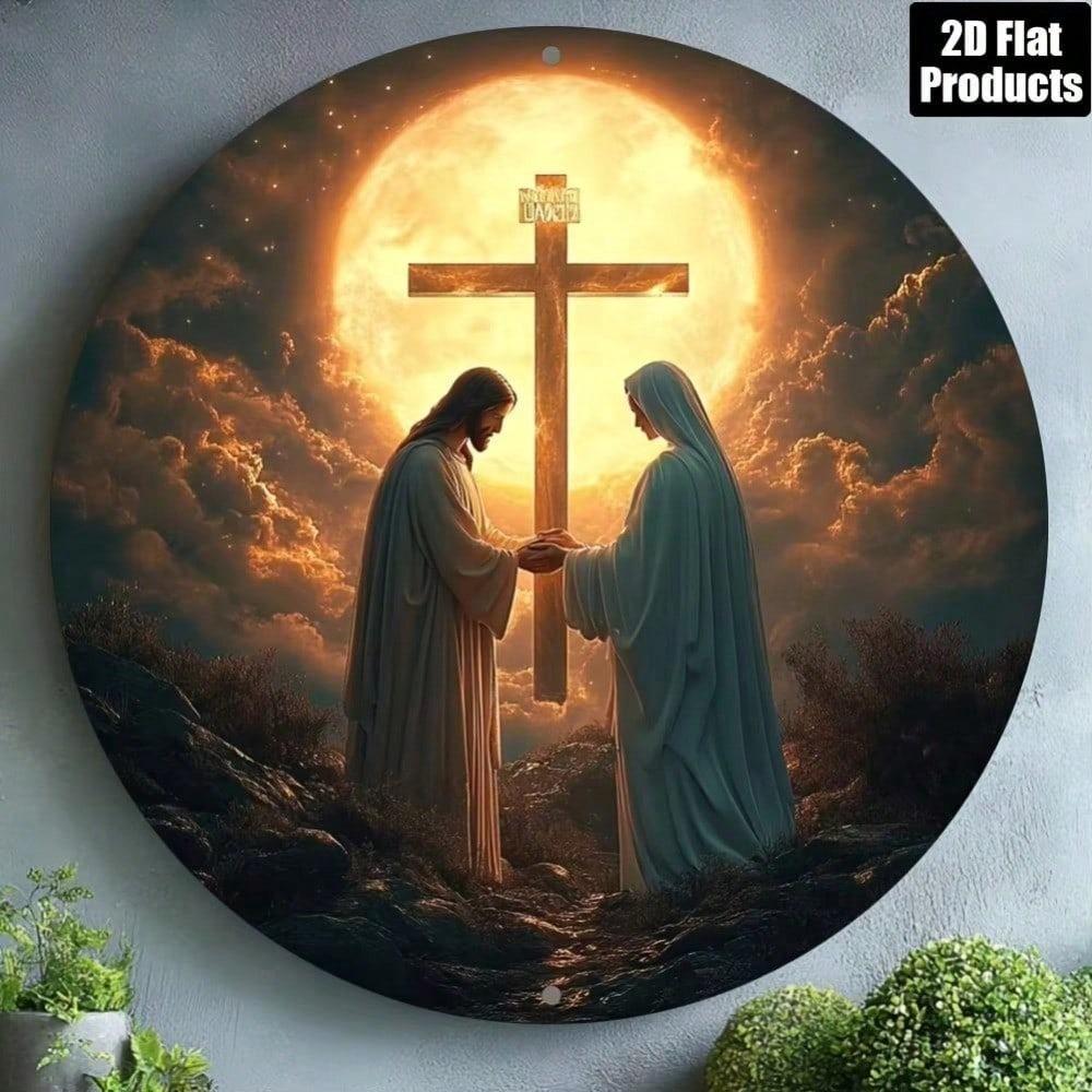 Christliches Kreuz Jesus Christus Metallschild Rundes Blechkunst Religiöse Wanddekoration Haus Kirche Bar Café Man Cave Innen Außen