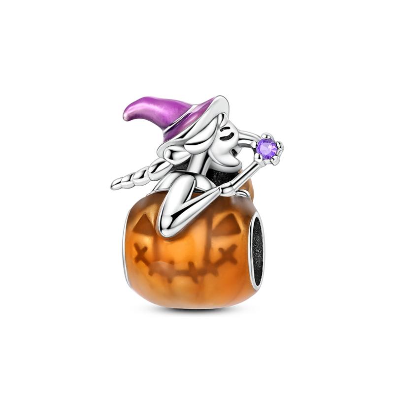 925 Silver Pumpkin Head Beads & Flying Witch Dangle Charm Fits Bracelet Halloween Pendant Accessories Gifts