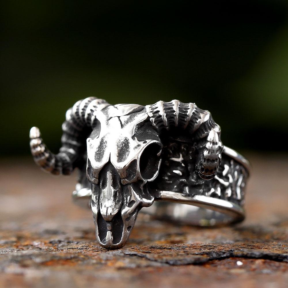Vintage Gothic Goat Head Skull Ring For Men Stainless Steel Lucifer Animal Jewelry Cool Gift For Boys