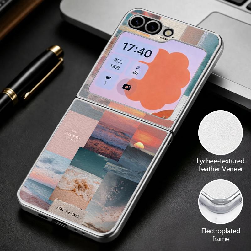Anime Beach Scenery Case For Samsung Z Flip 8 7 6 5 Hybrid 3in1 Leather Skin Plating Frame Hard Folding Phone Cover For Galaxy Z Flip8 Flip7 Flip6