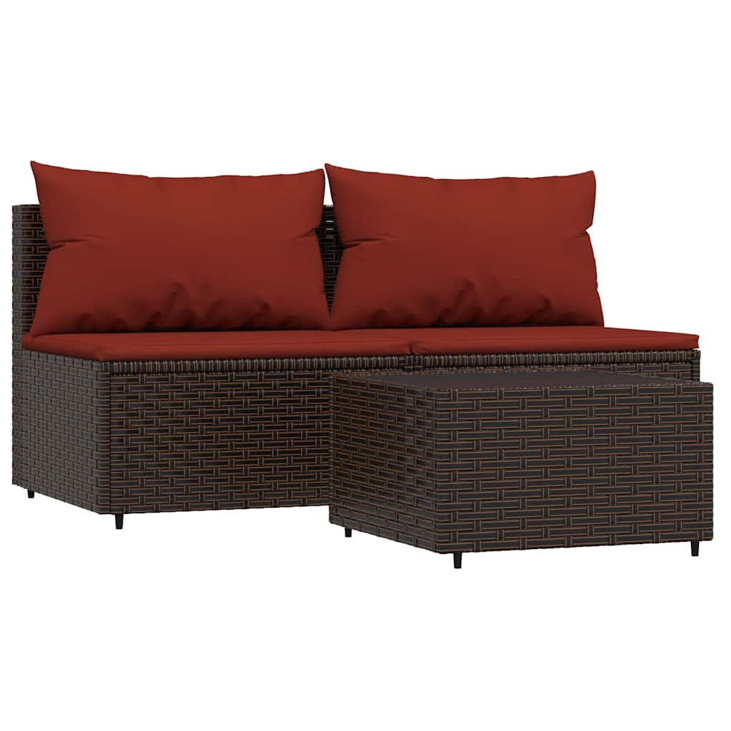 3 Piece Garden Lounge Set with Cushions Brown Poly Rattan