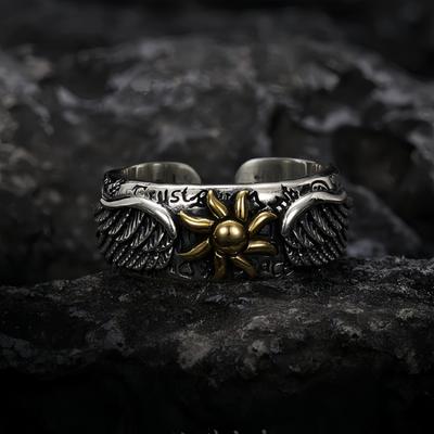Retro Golden Sun Wings Graffiti Adjustable Open Ring For Men Punk Gothic Edgy Copper Zircon Unisex Vintage Accessories Gift
