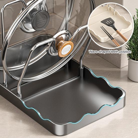 Support de couvercle de casserole pour plan de travail Étagère de rangement pour couvercles de poêle avec plateau d'égouttement Support de couvercle de casserole avec repose-cuillère pendant la cuisson Organisateur de cuisine