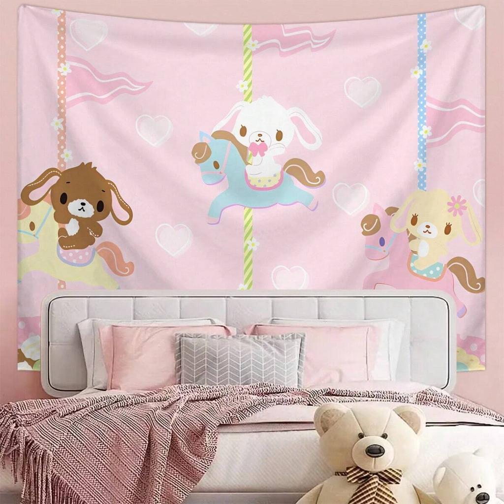 1 ks Kawaii kolotočový králíček Gobelín - Polyesterový 2D tisk Růžové srdce a puntíkovaný design, Perfektní dekorace na zeď Dárek do ložnice, Livi