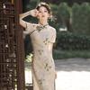 Elegant Modern Chinese Style Long Cheongsam Dress Women Semi-High Neck Three-Quarter Sleeve Retro Floral Cutwork Fabric